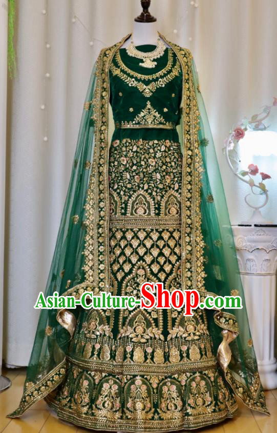 India Traditional Lengha Garment Wedding Dress Asian Embroidered Deep Green Outfit Top Indian Clothing