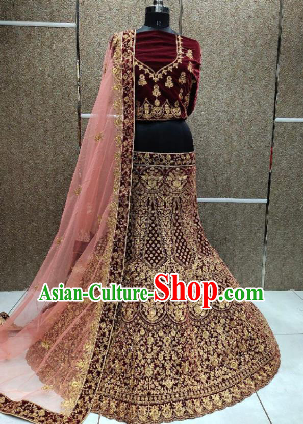 Top Indian Embroidered Maroon Velvet Dress Outfit India Wedding Clothing Traditional Bride Lengha Garment