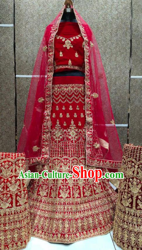 Top India Wedding Clothing Indian Traditional Bride Lengha Garment Embroidered Red Velvet Dress Outfit