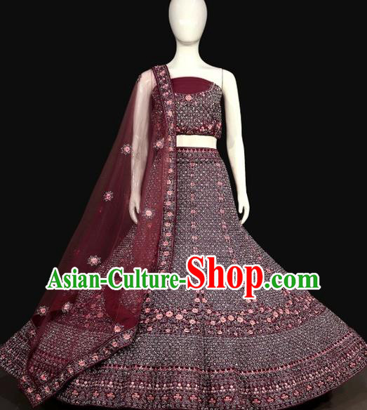 Indian Traditional Embroidered Wine Red Dress Outfit Wedding Clothing Top India Bride Lengha Garment