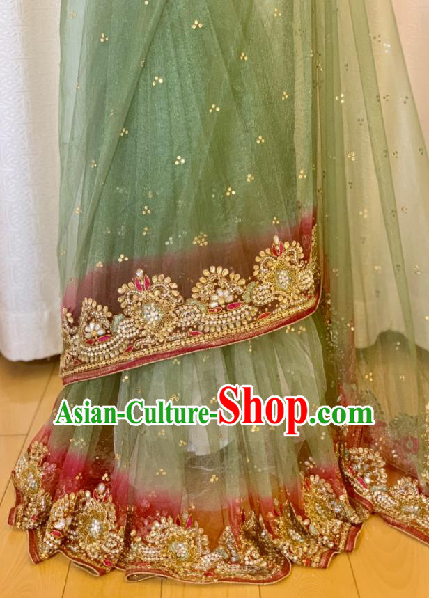 Indian Traditional Green Sari Dress Outfit Top India Clothing Bride Saree Garment