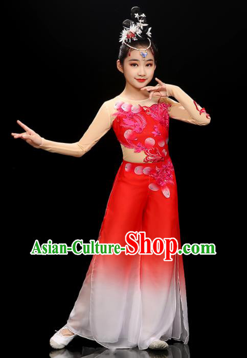 Chinese Traditional Dancewear Children Folk Dance Clothing Yangko Dance Garment Costume Fan Dance Red Uniform