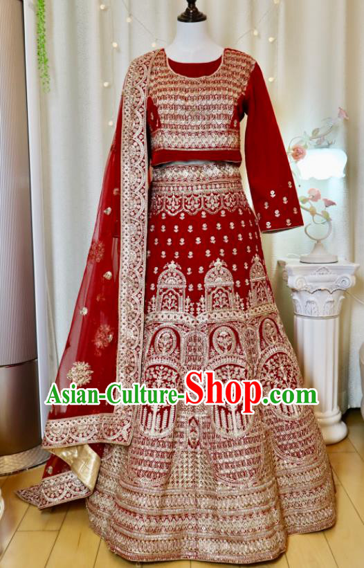 Top India Clothing Indian Bride Lengha Garment Embroidered Red Outfit Traditional Wedding Dress
