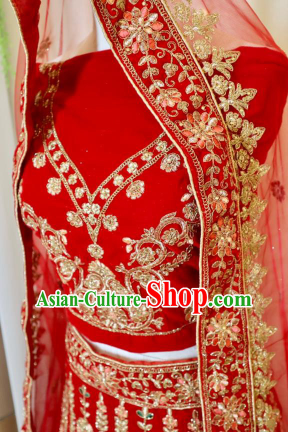 India Traditional Wedding Dress Clothing Indian Bride Lengha Garment Top Embroidered Beads Red Outfit