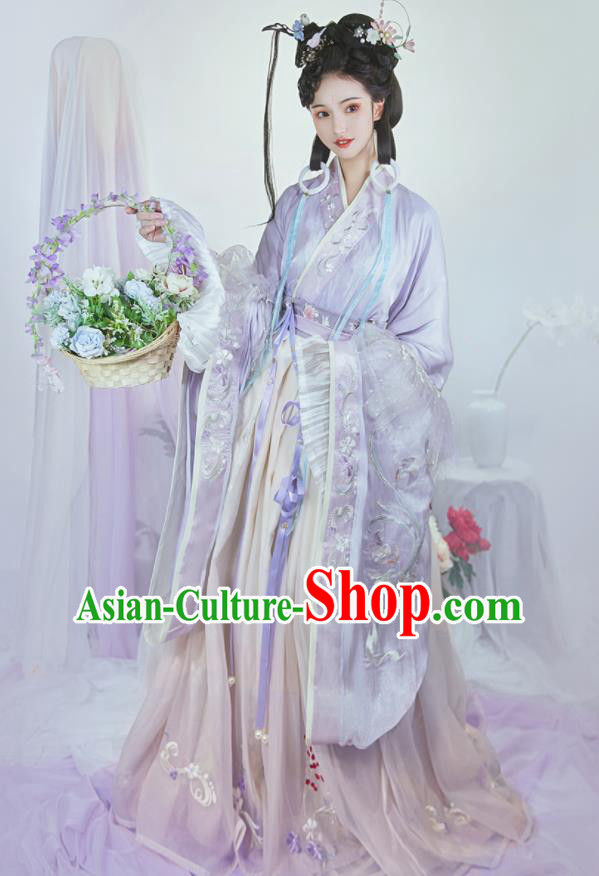 Chinese Southern and Northern Dynasties Princess Costumes Traditional Court Hanfu Clothing Ancient Goddess Lilac Dresses Complete Set