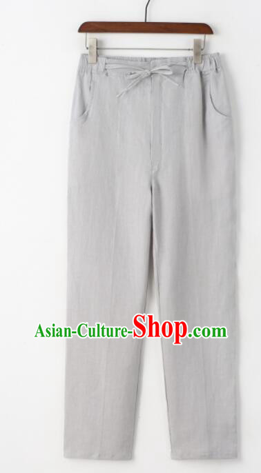 Chinese Traditional Wushu Loose Pants Tai Chi Straight Leg Trousers Top Linen Kung Fu Pants Martial Arts Grey Pants for Men