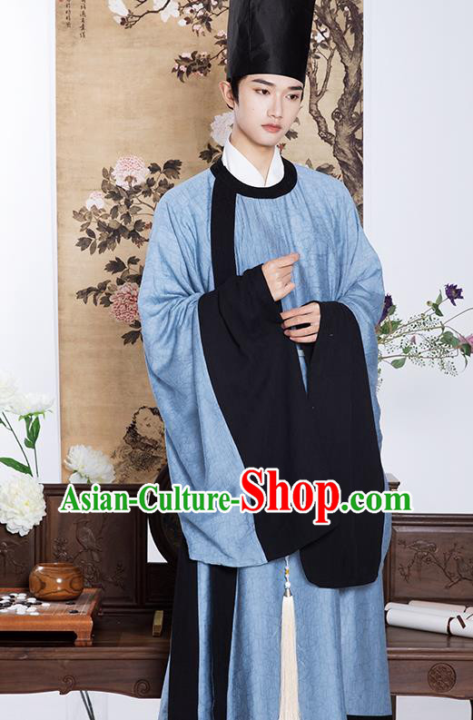 Chinese Traditional Blue Hanfu Robe Ming Dynasty Scholar Garment Costumes Ancient Taoist Clothing
