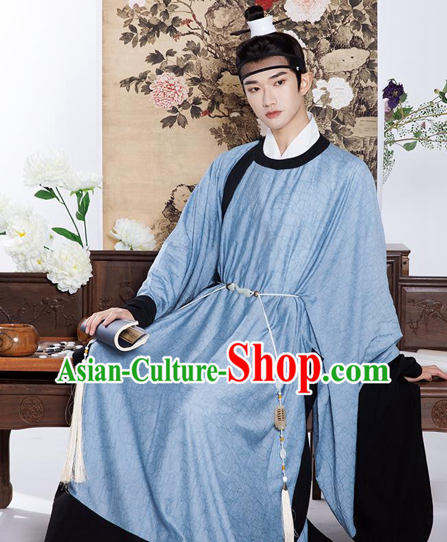 Chinese Traditional Blue Hanfu Robe Ming Dynasty Scholar Garment Costumes Ancient Taoist Clothing