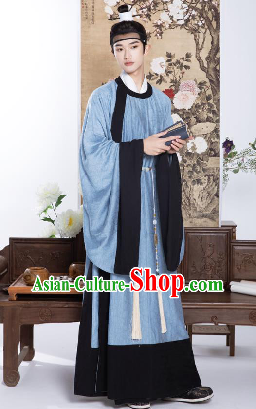 Chinese Traditional Blue Hanfu Robe Ming Dynasty Scholar Garment Costumes Ancient Taoist Clothing