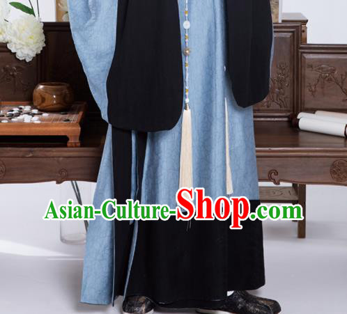 Chinese Traditional Blue Hanfu Robe Ming Dynasty Scholar Garment Costumes Ancient Taoist Clothing
