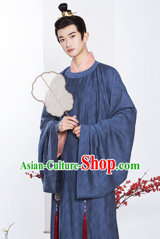 Chinese Ancient Noble Childe Clothing Traditional Blue Hanfu Robe Song Dynasty Scholar Garment Costumes