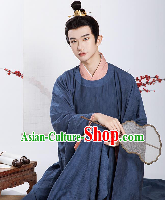 Chinese Ancient Noble Childe Clothing Traditional Blue Hanfu Robe Song Dynasty Scholar Garment Costumes
