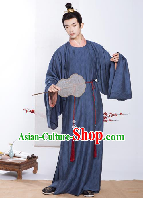 Chinese Ancient Noble Childe Clothing Traditional Blue Hanfu Robe Song Dynasty Scholar Garment Costumes
