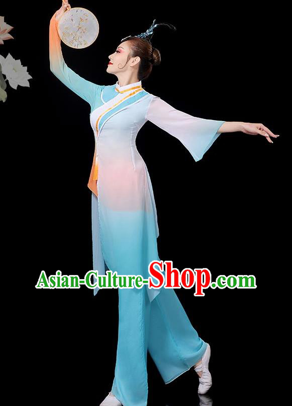 Chinese Classical Dance Clothing Fan Dance Costumes Women Solo Dance Blue Outfit