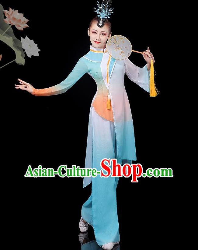 Chinese Classical Dance Clothing Fan Dance Costumes Women Solo Dance Blue Outfit