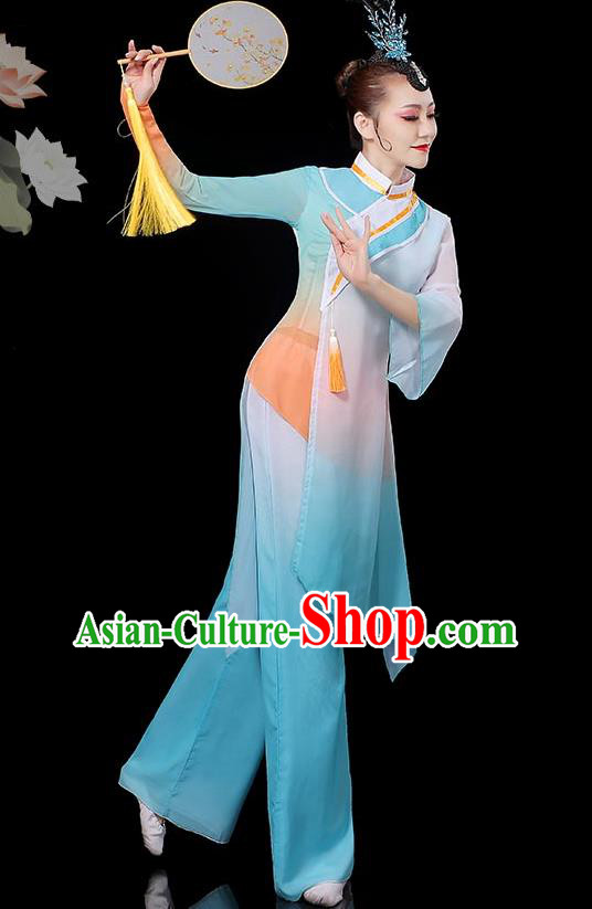 Chinese Classical Dance Clothing Fan Dance Costumes Women Solo Dance Blue Outfit