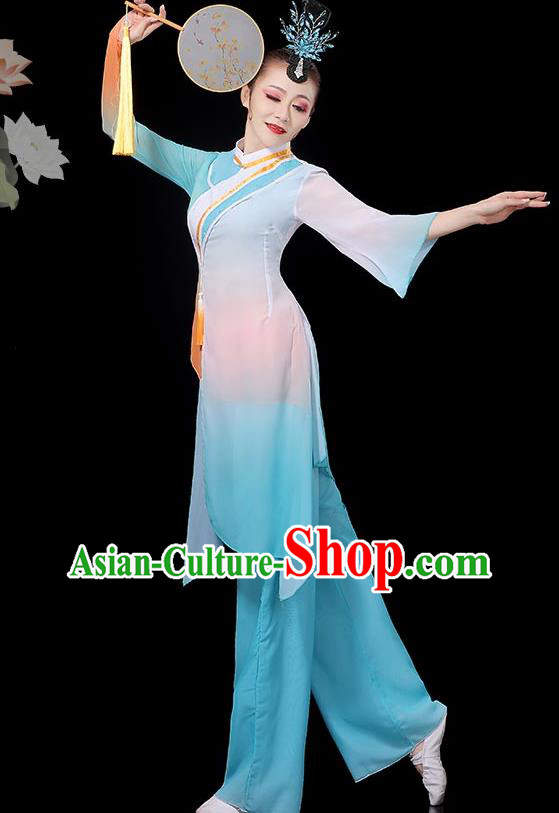 Chinese Classical Dance Clothing Fan Dance Costumes Women Solo Dance Blue Outfit