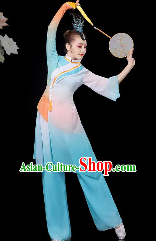 Chinese Classical Dance Clothing Fan Dance Costumes Women Solo Dance Blue Outfit