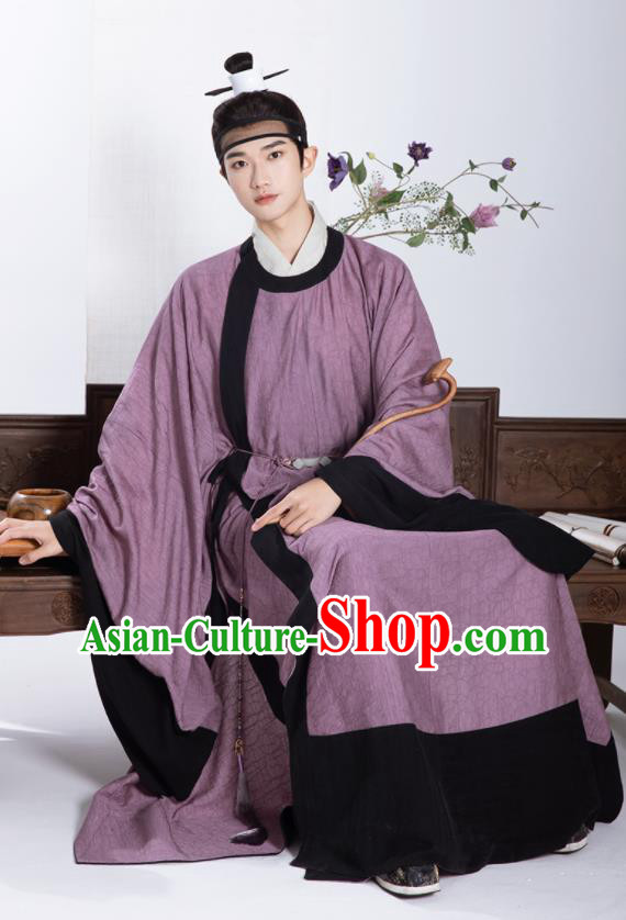 Chinese Ancient Scholar Clothing Traditional Hanfu Violet Robe Ming Dynasty Taoist Garment Costumes