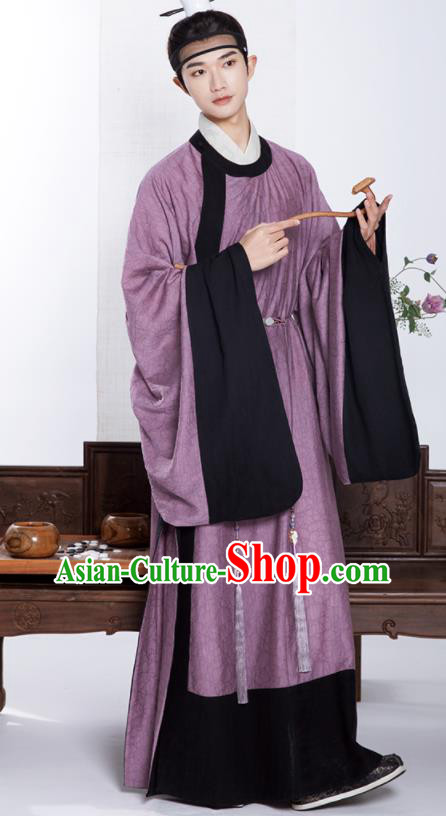 Chinese Ancient Scholar Clothing Traditional Hanfu Violet Robe Ming Dynasty Taoist Garment Costumes