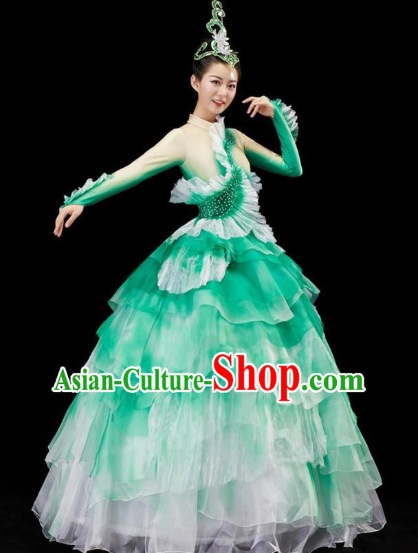 Chinese Women Group Dance Costume Modern Dance Green Dress Flower Dance Garment Opening Dance Clothing