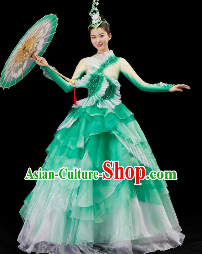 Chinese Women Group Dance Costume Modern Dance Green Dress Flower Dance Garment Opening Dance Clothing
