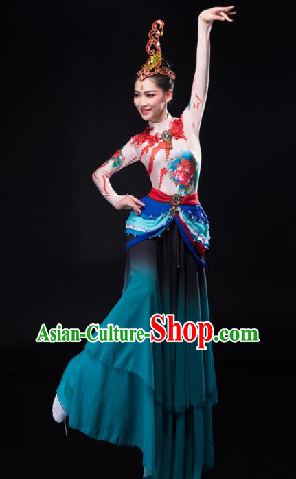 Chinese Stage Performance Turquoise Outfit Classical Dance Clothing Women Lotus Dance Garment Dunhuang Pipa Dance Costume