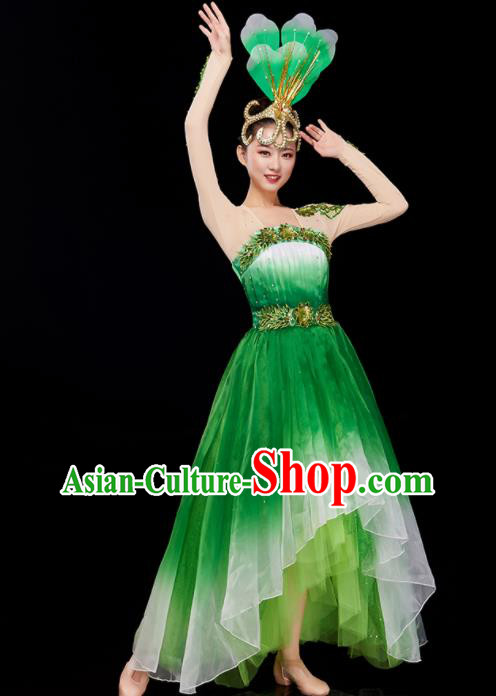 Chinese Modern Dance Clothing Women Group Dance Garment Opening Dance Costume Stage Performance Green Dress and Headpiece
