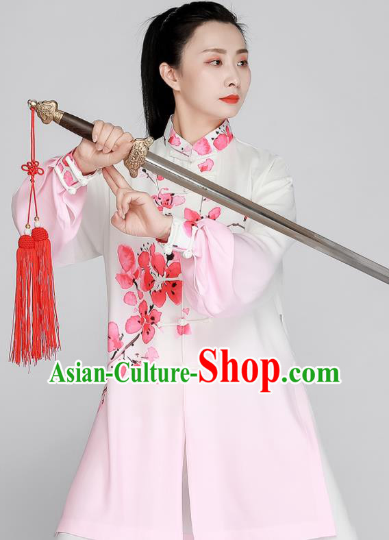 Chinese Kung Fu Costumes Tai Ji Competition Uniform Printing Peach Blossom Gradient Pink Outfit Tai Chi Training Outfit