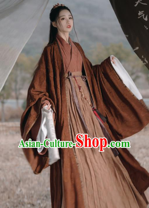 Chinese Jin Dynasty Historical Costumes Traditional Brown Hanfu Clothing Ancient Swordsman Garments