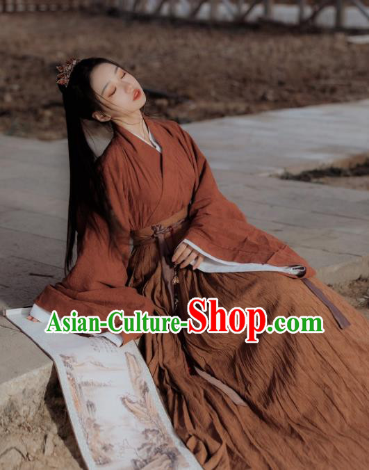 Chinese Jin Dynasty Historical Costumes Traditional Brown Hanfu Clothing Ancient Swordsman Garments