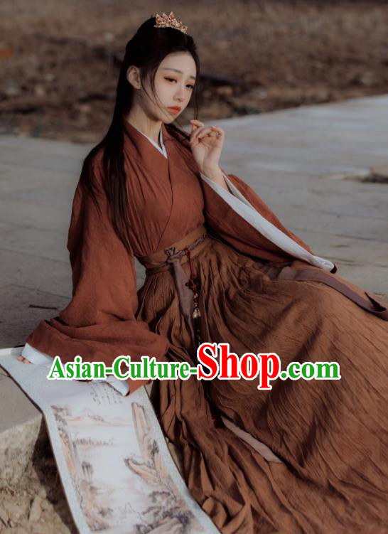 Chinese Jin Dynasty Historical Costumes Traditional Brown Hanfu Clothing Ancient Swordsman Garments