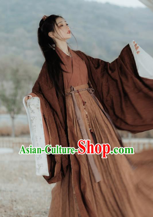 Chinese Jin Dynasty Historical Costumes Traditional Brown Hanfu Clothing Ancient Swordsman Garments
