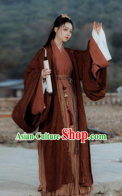 Chinese Jin Dynasty Historical Costumes Traditional Brown Hanfu Clothing Ancient Swordsman Garments