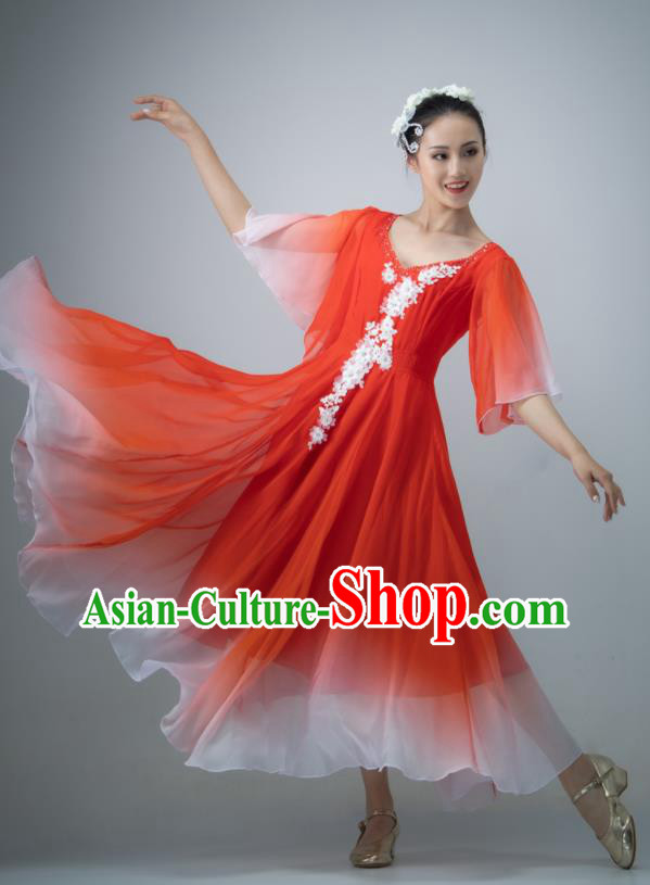 Chinese Opening Dance Clothing Women Group Dance Garment Chorus Performance Costume Modern Dance Red Chiffon Dress