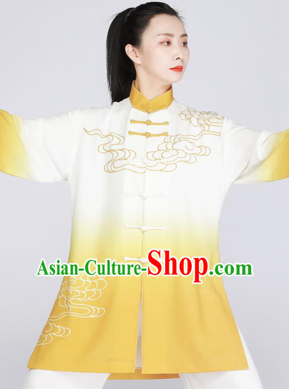 Chinese Printing Clouds Outfit Tai Chi Training Outfit Traditional Kung Fu Costumes Tai Ji Competition Yellow Uniform