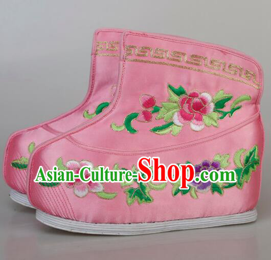 Chinese Traditional Opera Pink Satin Boots Handmade Shoes Ancient Princess Shoes Embroidered Hanfu Boots