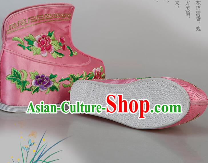 Chinese Traditional Opera Pink Satin Boots Handmade Shoes Ancient Princess Shoes Embroidered Hanfu Boots