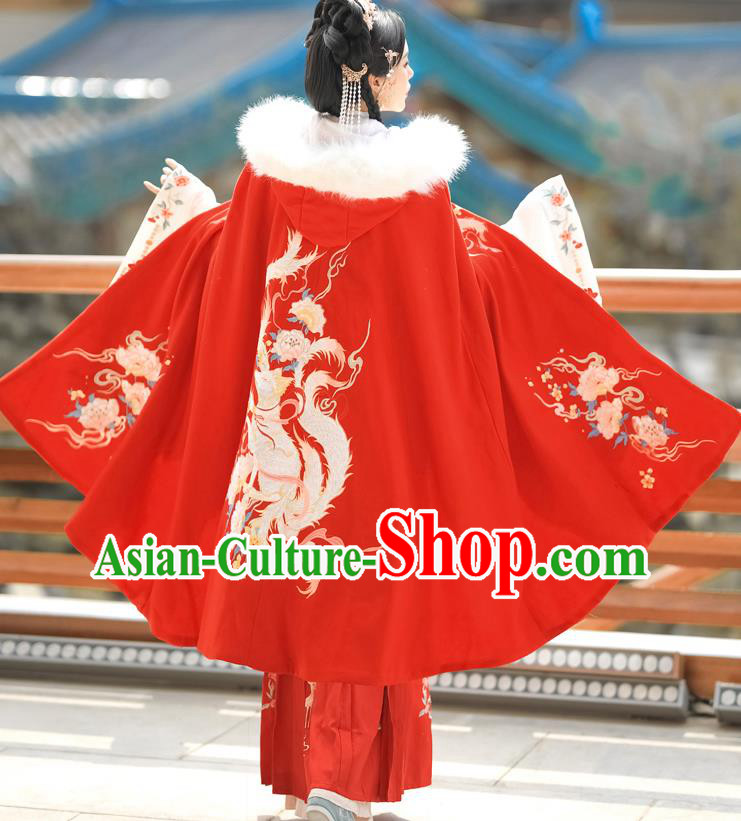 China Ancient Princess Garment Costume Traditional Hanfu Red Woolen Mantle Ming Dynasty Noble Lady Embroidered Cloak Clothing
