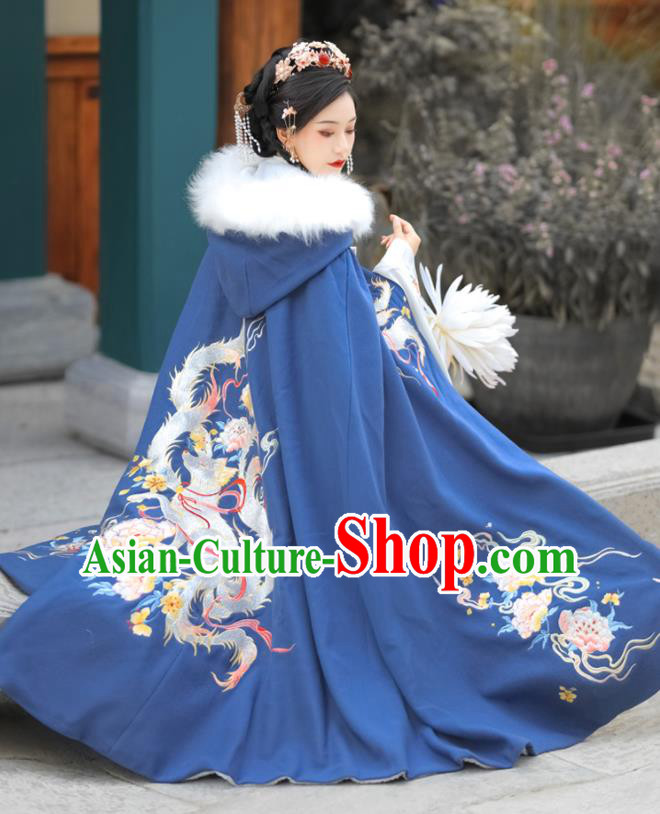 Chinese Ancient Place Lady Clothing Traditional Hanfu Embroidered Blue Mantle Ming Dynasty Princess Cloak Costume