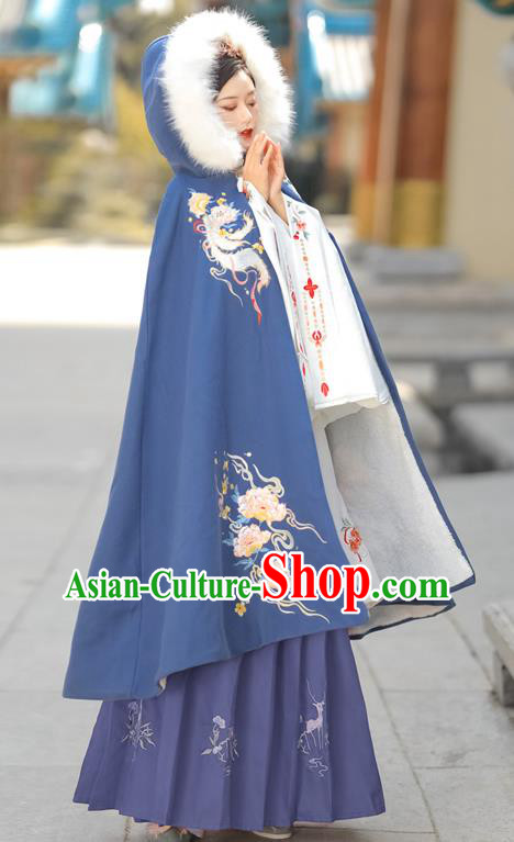 Chinese Ancient Place Lady Clothing Traditional Hanfu Embroidered Blue Mantle Ming Dynasty Princess Cloak Costume