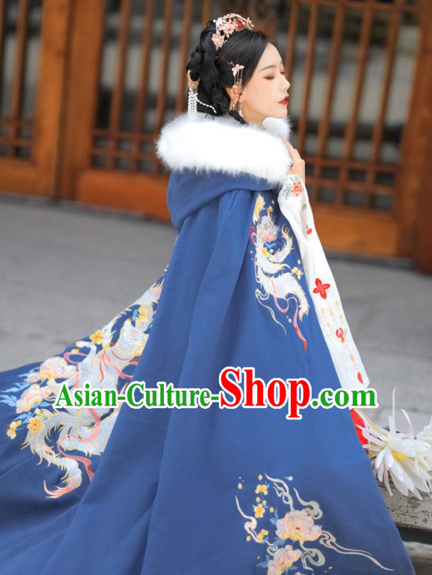 Chinese Ancient Place Lady Clothing Traditional Hanfu Embroidered Blue Mantle Ming Dynasty Princess Cloak Costume