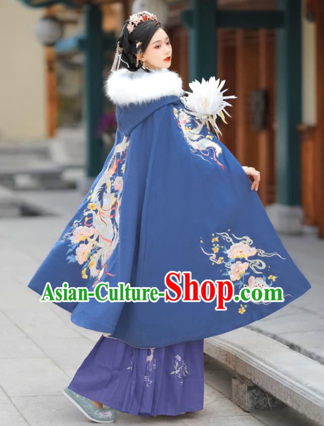 Chinese Ancient Place Lady Clothing Traditional Hanfu Embroidered Blue Mantle Ming Dynasty Princess Cloak Costume