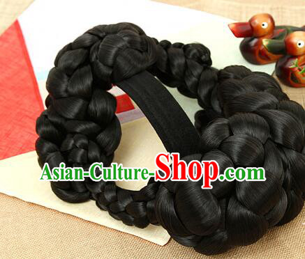Korean Court Bride Headdress Traditional Braid Wig Handmade Hanbok Black Hair Piece