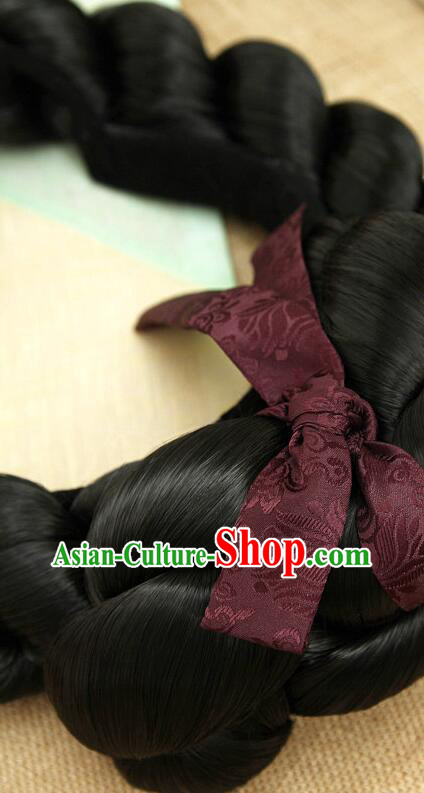 Korean Handmade Hanbok Black Hair Piece Court Bride Headdress Traditional Women Braid Wig