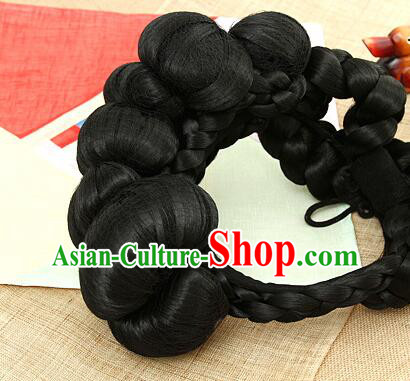 Korean Traditional Women Braid Wig Handmade Hanbok Black Hair Piece Court Bride Headdress