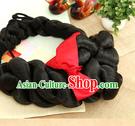 Korean Court Women Headdress Traditional Bride Braid Wig Handmade Hanbok Black Hair Piece