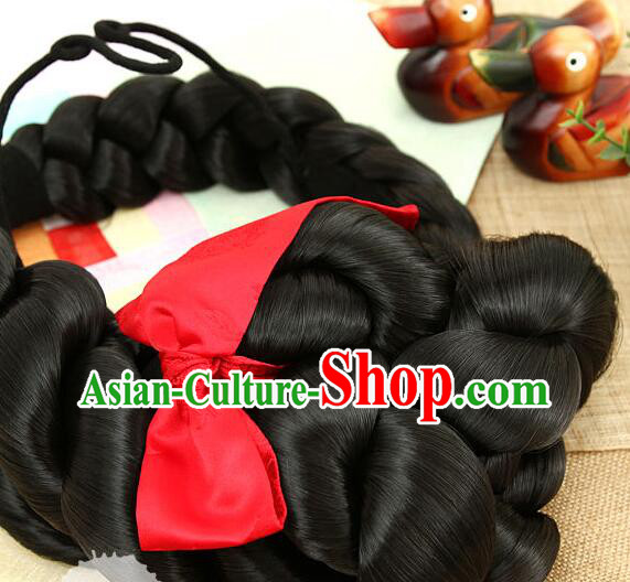 Korean Court Women Headdress Traditional Bride Braid Wig Handmade Hanbok Black Hair Piece