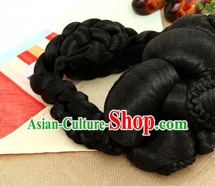Korean Handmade Hanbok Black Hair Piece Court Women Headdress Traditional Queen Braid Wig