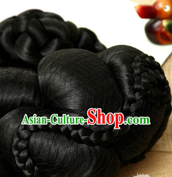 Korean Handmade Hanbok Black Hair Piece Court Women Headdress Traditional Queen Braid Wig